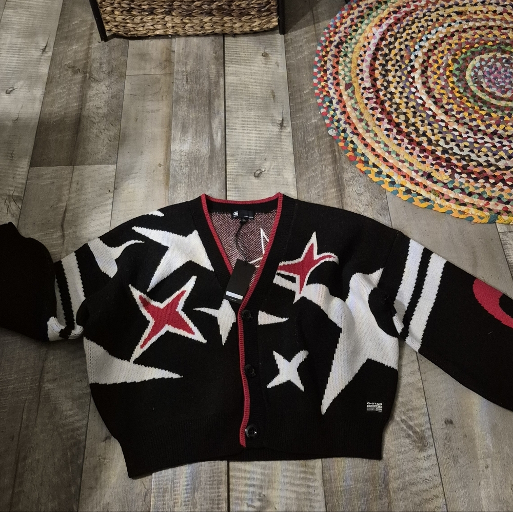 G-Star Knit Cardigan Sweater Loose Fit  Festive Wool Blend Graphic Star L NWT - Picture 8 of 10